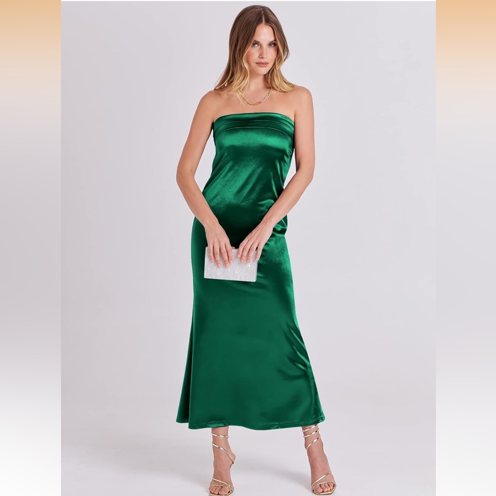 Emerald Green Strapless Satin Evening Dress